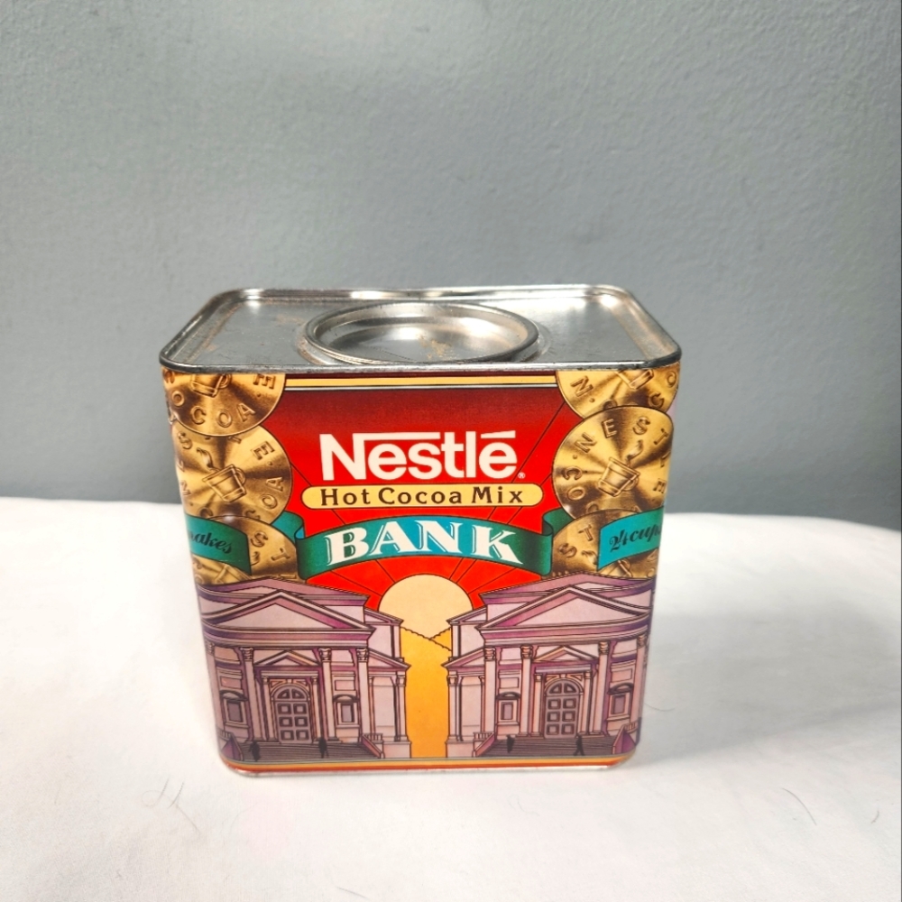 Vintage 1980s Nestle Tin Box Bank Hot Cocoa Mix  Rustic Shabby Tin Decor Tin Box
